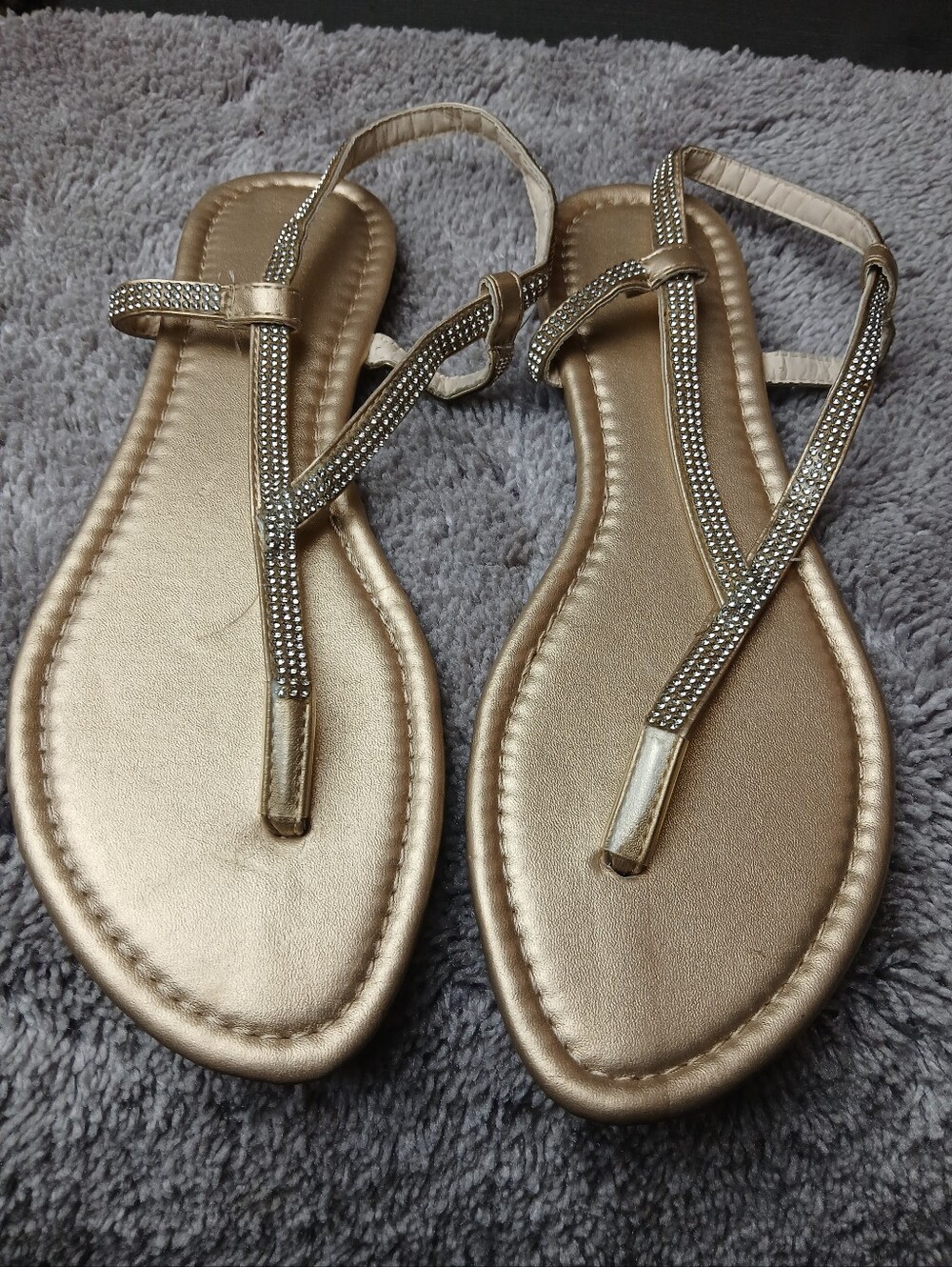 Metallic Gold Rhinestone T-Strap Slingback Flat Sandals 9